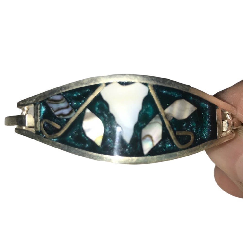 Alpaca Mexico Handcrafted Abalone Mother Of Pearl Inlay Silver Tone Hinged Brac